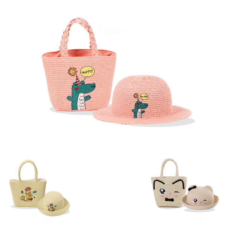 Girls Straw Bag Hat Set Embroidery Charm - Yorkn Inc✅
