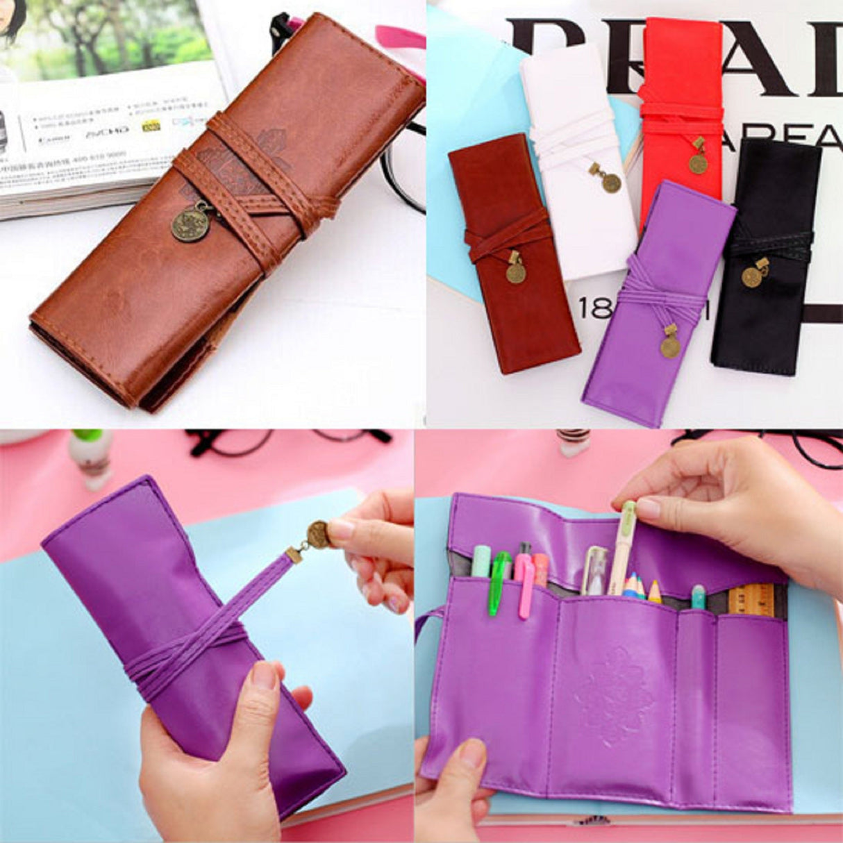 Pu Leather Pen Bag Pencil Makeup Case - Yorkn Inc✅
