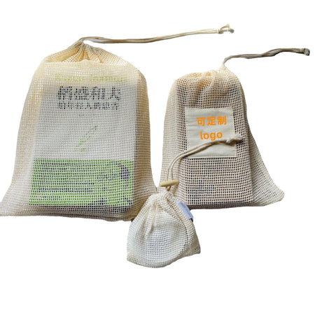 Drawstring Cotton Mesh Pouch With Woven Label Sewed Cosmetic Bag - Yorkn Inc✅