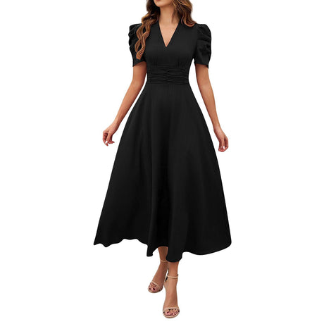 V Neck Puff Sleeve Ruched Waist Midi Dress - Yorkn Inc✅