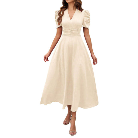 V Neck Puff Sleeve Ruched Waist Midi Dress - Yorkn Inc✅