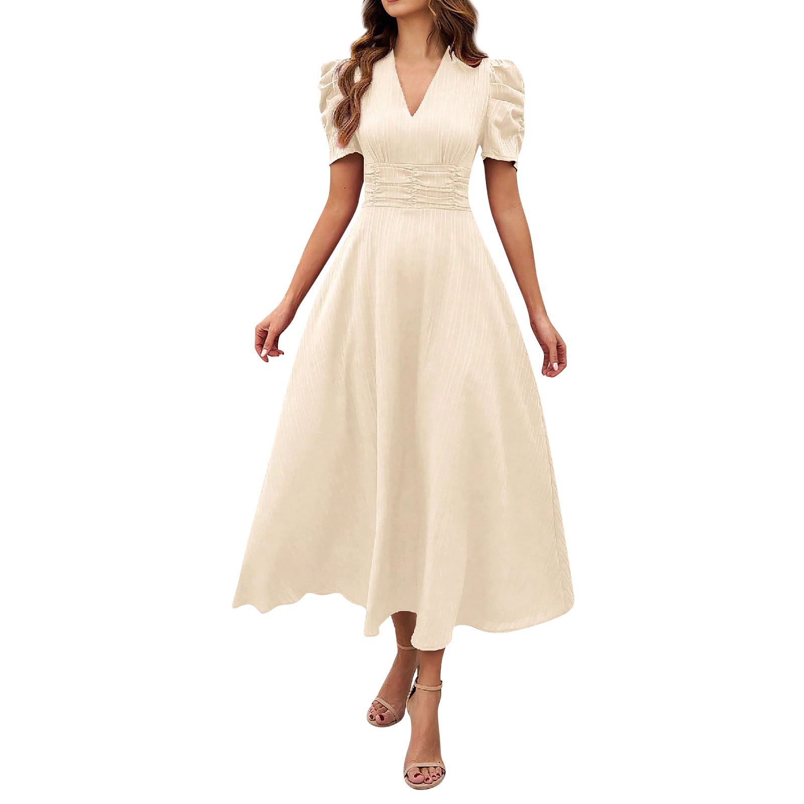 V Neck Puff Sleeve Ruched Waist Midi Dress