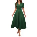 V Neck Puff Sleeve Ruched Waist Midi Dress view 4