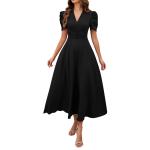 V Neck Puff Sleeve Ruched Waist Midi Dress view 2