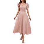 V Neck Puff Sleeve Ruched Waist Midi Dress view 3