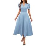 V Neck Puff Sleeve Ruched Waist Midi Dress view 7