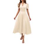 V Neck Puff Sleeve Ruched Waist Midi Dress view 1